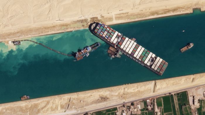 MV Ever Given in Suez Canal near Suez, Egypt. Photo: Planet Labs Inc.